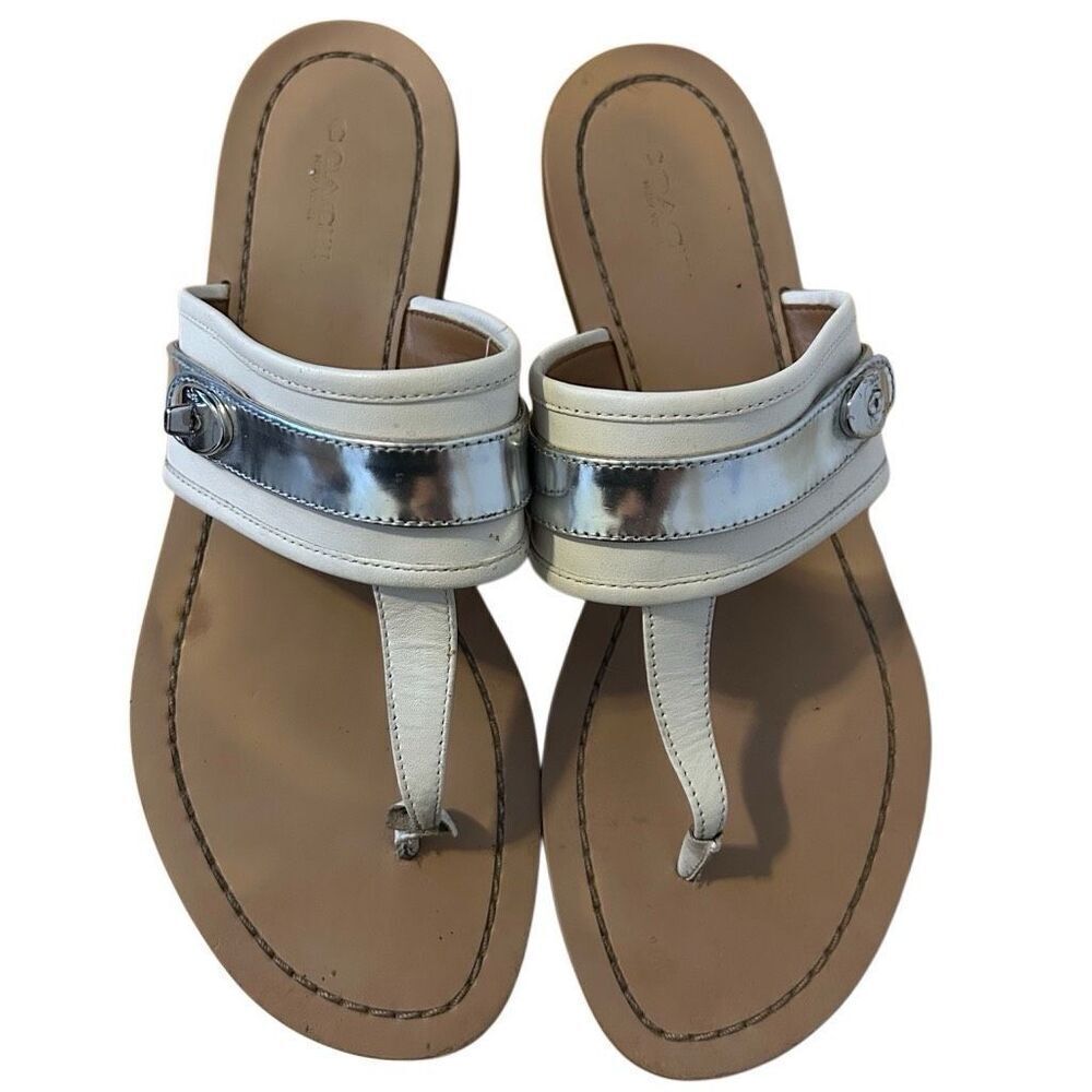 Coach Eileen Turn lock Slide Sandals Flip Flops white Silver Womens Size 9 money